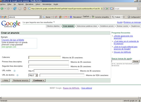 Creación del anuncio en AdWords