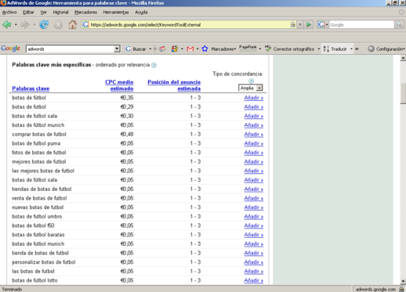 Selección de las palabras clave en AdWords