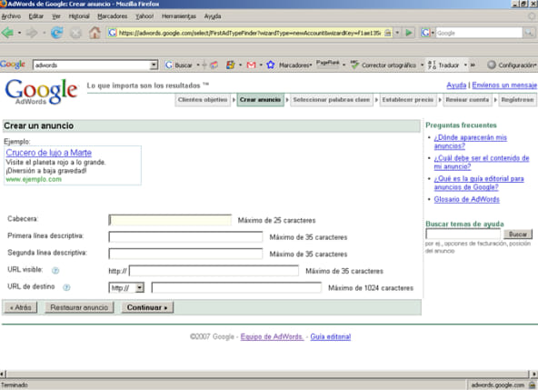 Creaci&oacute;n del anuncio en AdWords