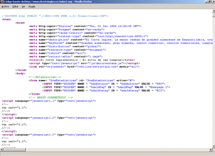 Código fuente página El Corte Inglés