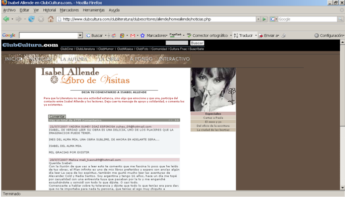 Libro de visitas del sitio Web de Isabel Allende