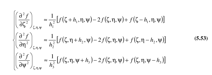 Ecuaci&oacute;n 5.53: aproximaci&oacute;n de derivadas segundas por diferencias finitas